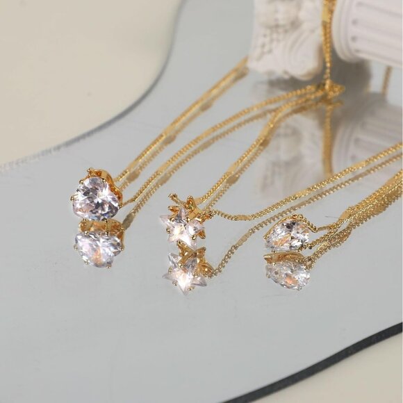 Layered Gold Necklace for Women Cubic Zirconia Star Heart Teardrop Pendant Chain - Picture 4 of 6